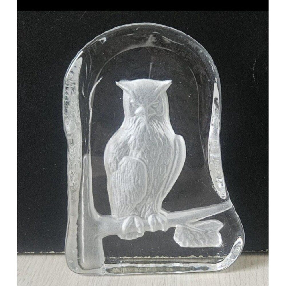 Goebel Horned Owl on Branch Paperweight Etched Frosted Glass Vintage